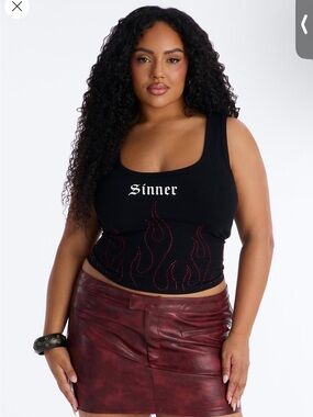 Fashion Nova Black 'Sinner' Tank Top with Red Stud Flame Detail